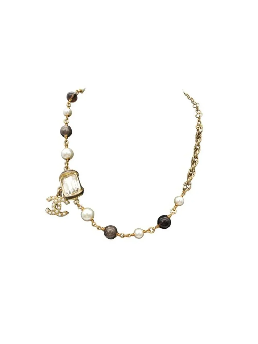 Chanel Necklace Pearl Bijou Stone CC Logo Gold